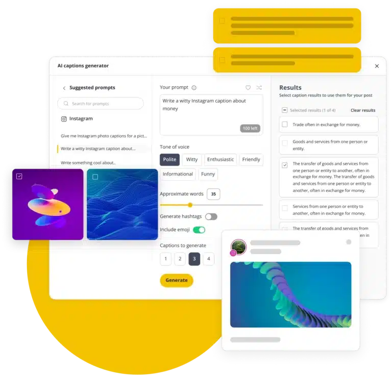 SocialBee AI caption generator interface showing prompt input, tone selection, hashtag options, and generated Instagram caption results with previewed post visuals