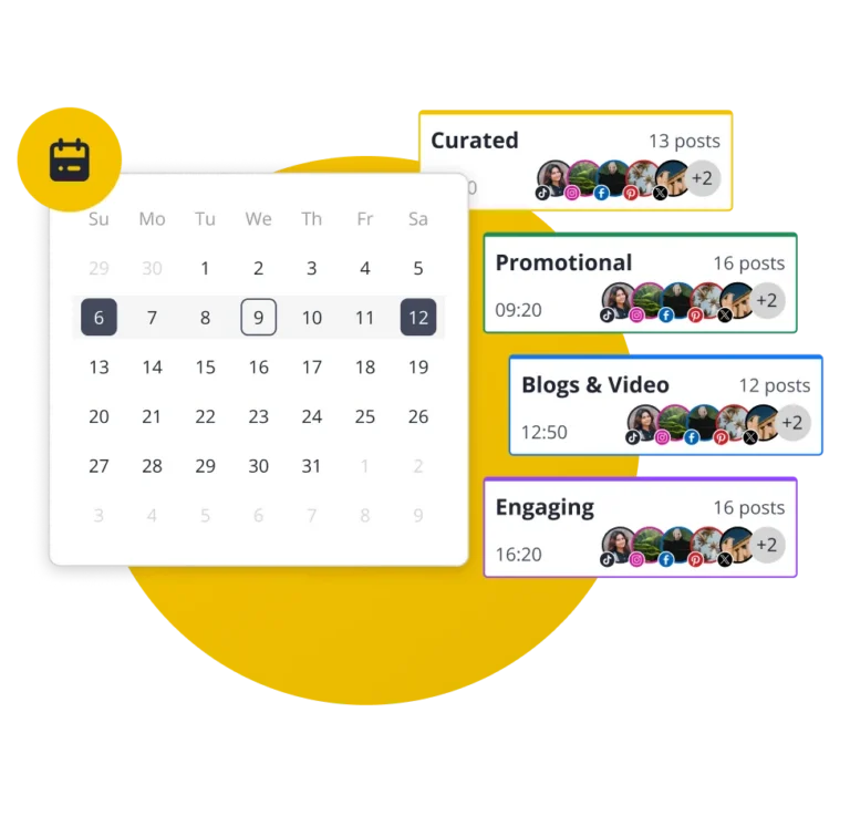 SocialBee content calendar displaying scheduled posts organized by categories like curated, promotional, blogs, and engaging across different days