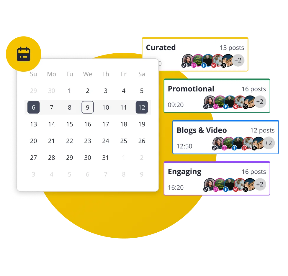 SocialBee content calendar displaying scheduled posts organized by categories like curated, promotional, blogs, and engaging across different days