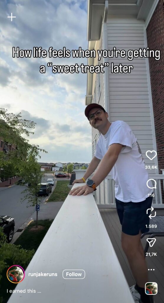 Man standing on a balcony looking out into the distance. Overlaid text reads “How life feels when you’re getting a ‘sweet treat’ later.”