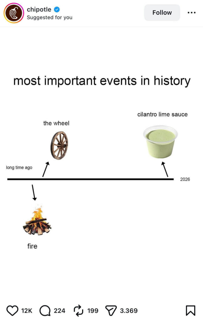 Minimal graphic with a timeline labeled “most important events in history.” On the left are “fire” and “the wheel” marked as long ago. On the right, a container of cilantro lime sauce is labeled as a modern event.