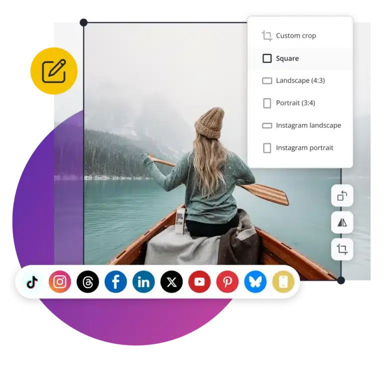 SocialBee post editor showing image cropping options for different formats and social media platforms including Instagram, Facebook, LinkedIn, and TikTok