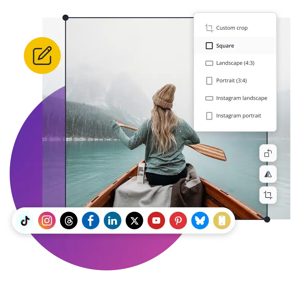 SocialBee post editor showing image cropping options for different formats and social media platforms including Instagram, Facebook, LinkedIn, and TikTok