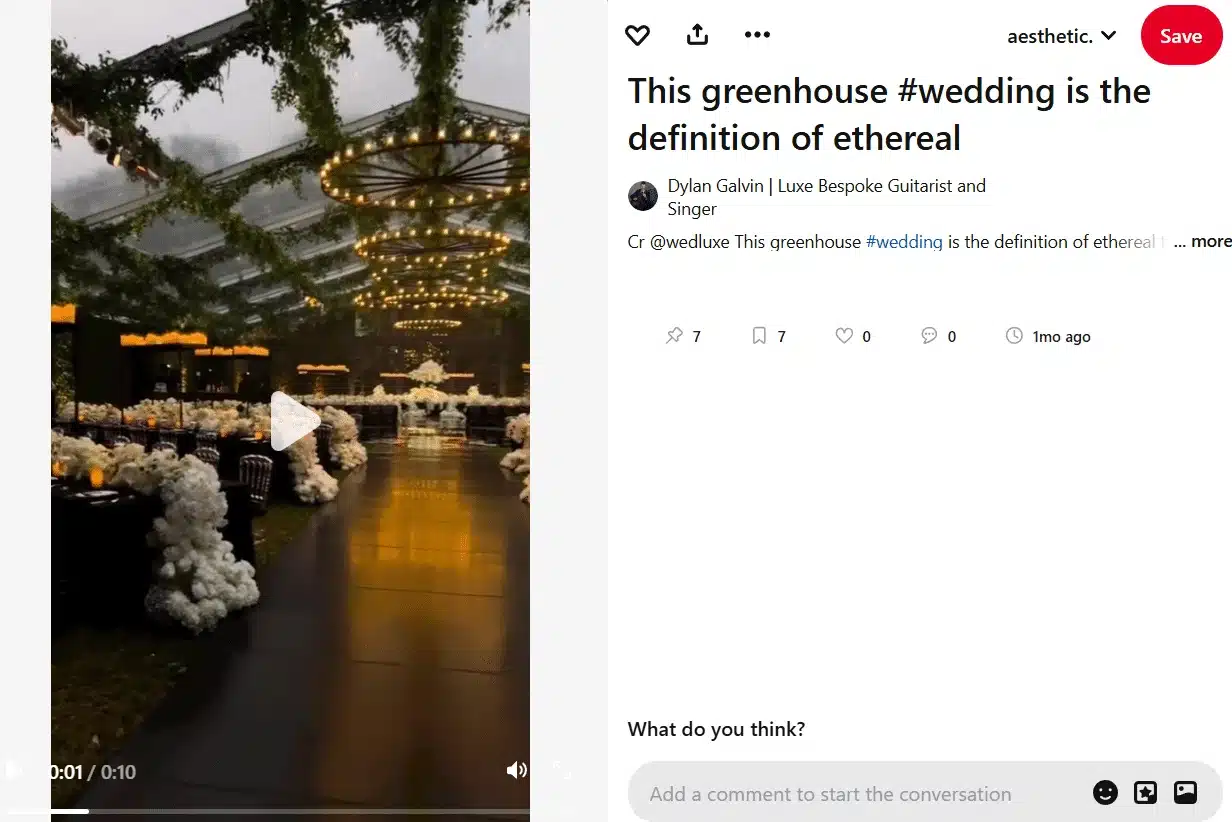Pinterest video pin showing an elegant greenhouse wedding setup with a glass ceiling covered in greenery and hanging circular chandeliers. A central aisle leads to a floral arrangement at the altar, with rows of tables decorated with white flowers and warm candlelight, creating a soft, ethereal atmosphere.