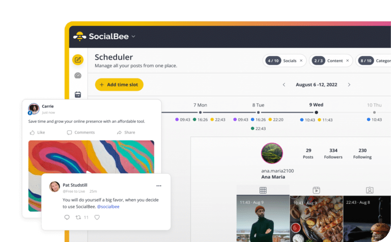SocialBee dashboard showing a social media scheduling calendar with time slots, user posts, and engagement previews across multiple platforms.