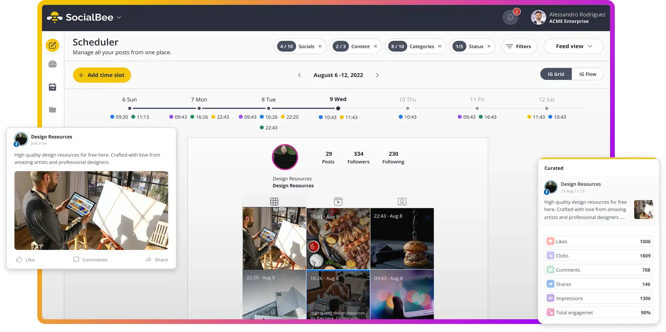 SocialBee dashboard showing a content scheduler with weekly posting slots, Instagram grid preview, and panels displaying a social post preview and engagement analytics metrics.
