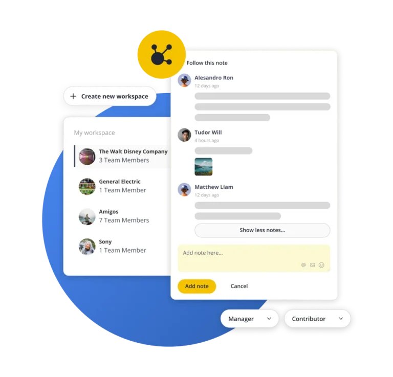 SocialBee workspace view displaying multiple brand accounts with team members, notes, and role-based permissions for collaboration