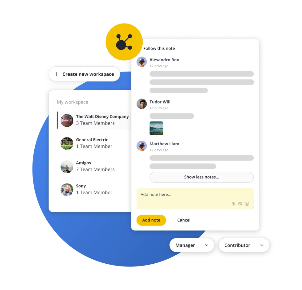 SocialBee workspace view displaying multiple brand accounts with team members, notes, and role-based permissions for collaboration