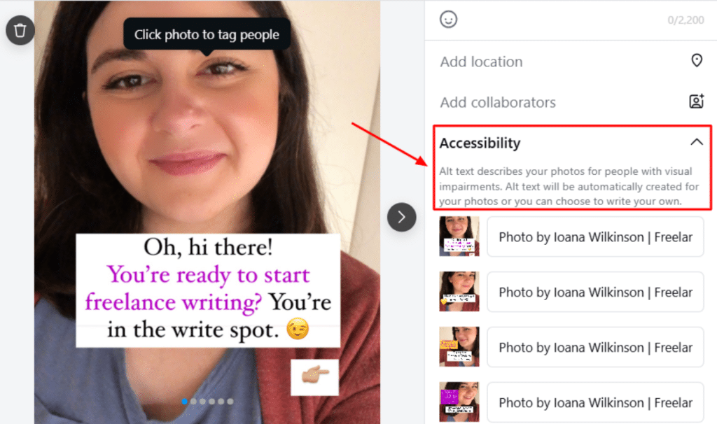 Instagram accessibility settings showing how to add custom alt text to images for better SEO and accessibility.