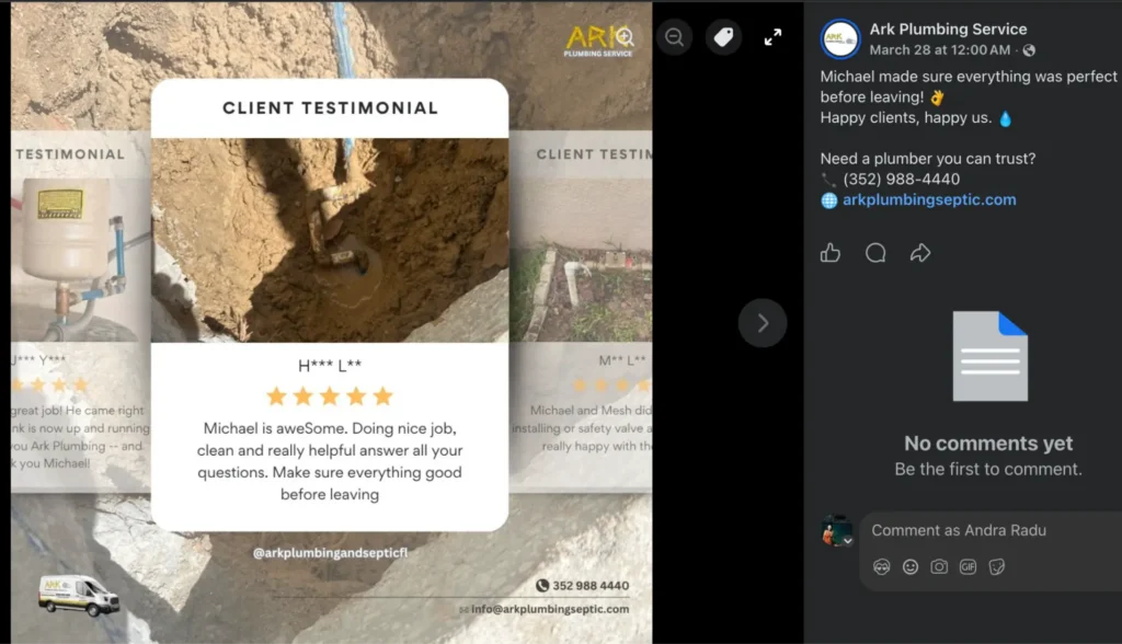 Plumbing repair in a dirt trench with an overlaid five-star client testimonial praising service quality and professionalism.