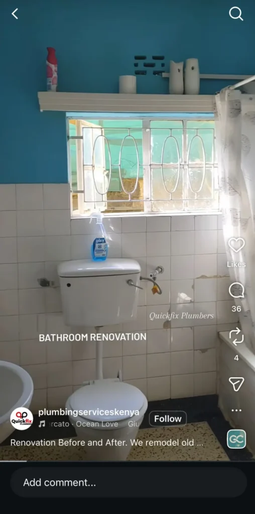 Small bathroom with blue walls, toilet, and window labeled “Bathroom Renovation,” showing a simple interior before upgrade.