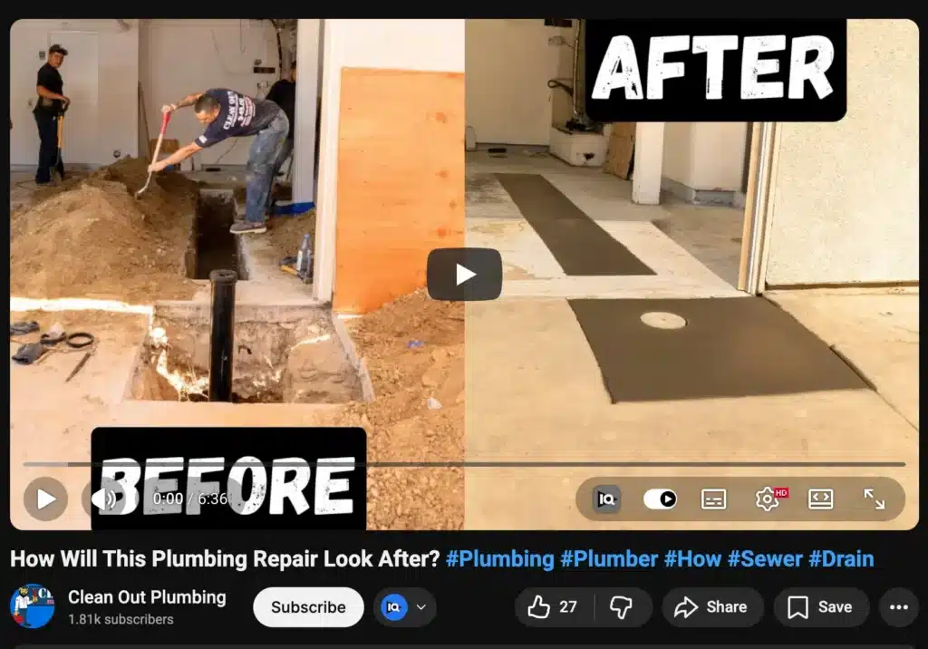 Split image showing plumbing trench excavation on the left and a clean, finished concrete floor on the right labeled “Before” and “After.”