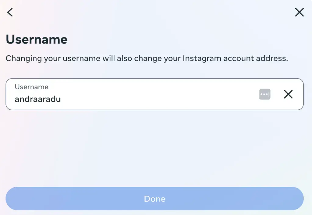 Instagram username edit screen explaining that changing the username will update the account address, with the username “andraaradu” entered and a confirmation button below.