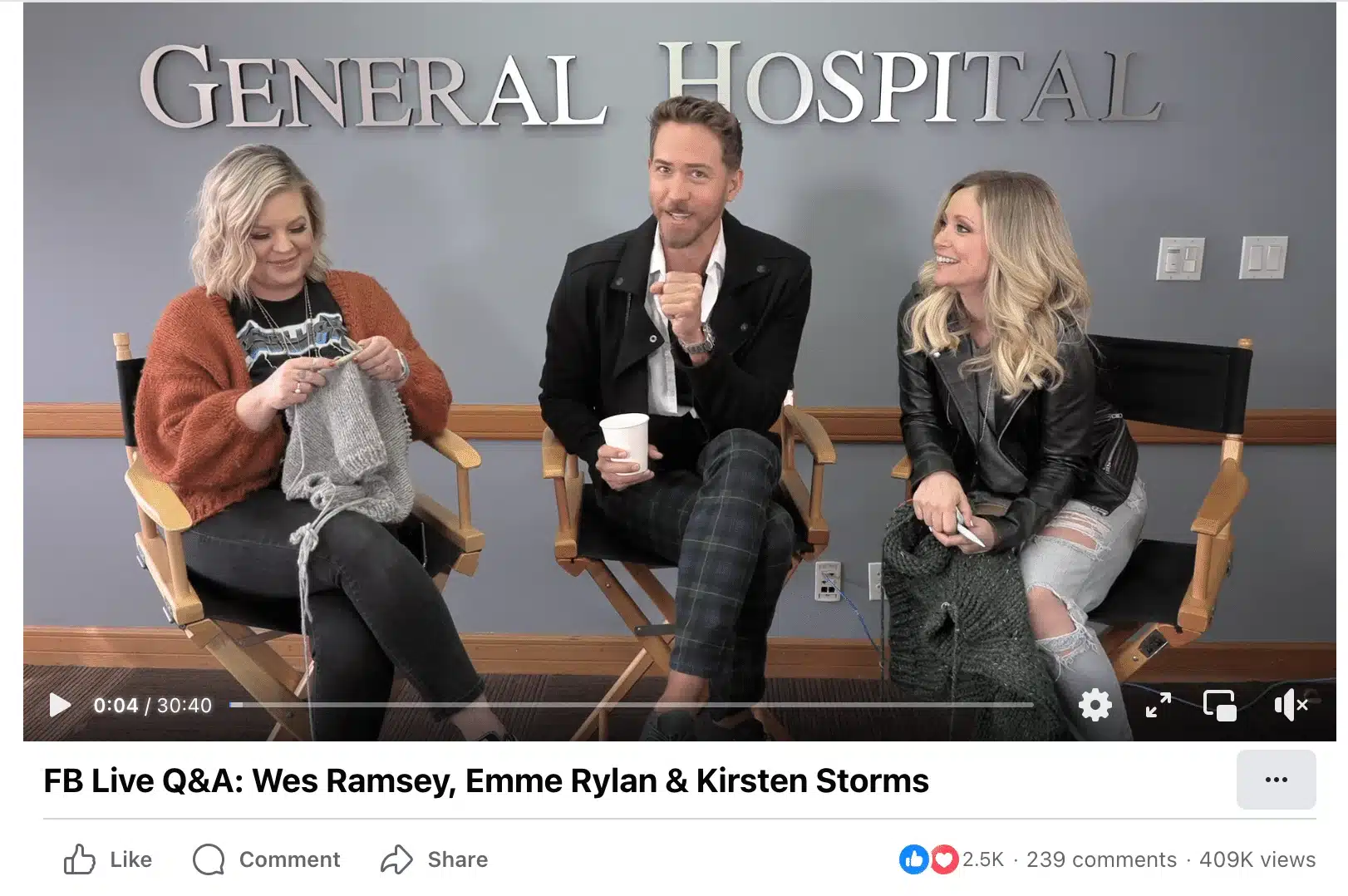Facebook Live video post featuring a Q&A session with actors from General Hospital, showing a long-form live broadcast format with viewer engagement metrics such as reactions, comments, and total views.