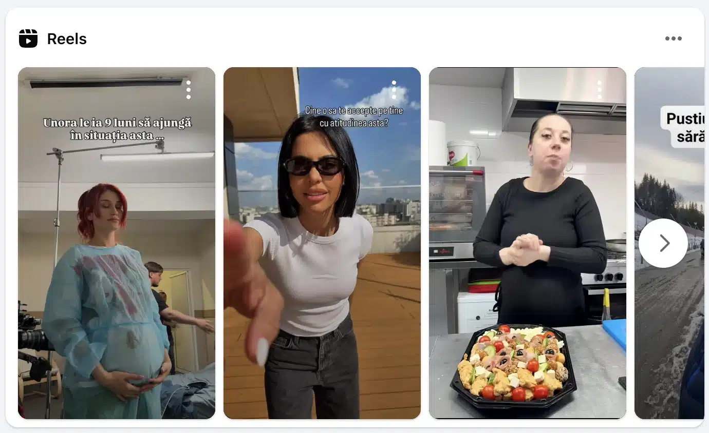 Facebook Reels section displayed in a horizontal carousel format within the feed, showcasing multiple short-form videos from different creators, optimized for quick discovery and continuous scrolling.