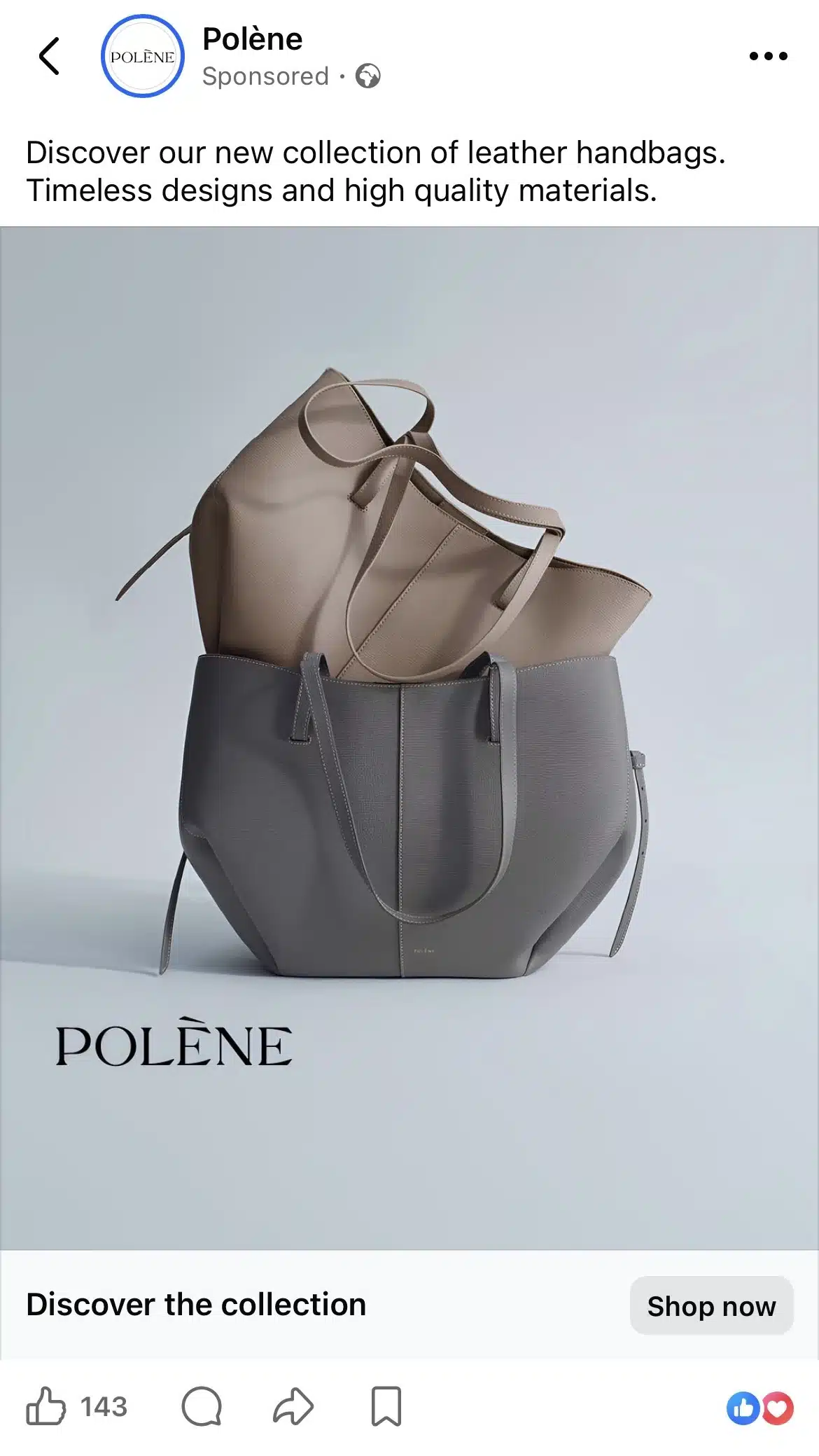 Facebook sponsored post (ad) from Polène featuring a product-focused image of leather handbags, promotional copy, and a clear call-to-action button (“Shop now”), designed to drive conversions.
