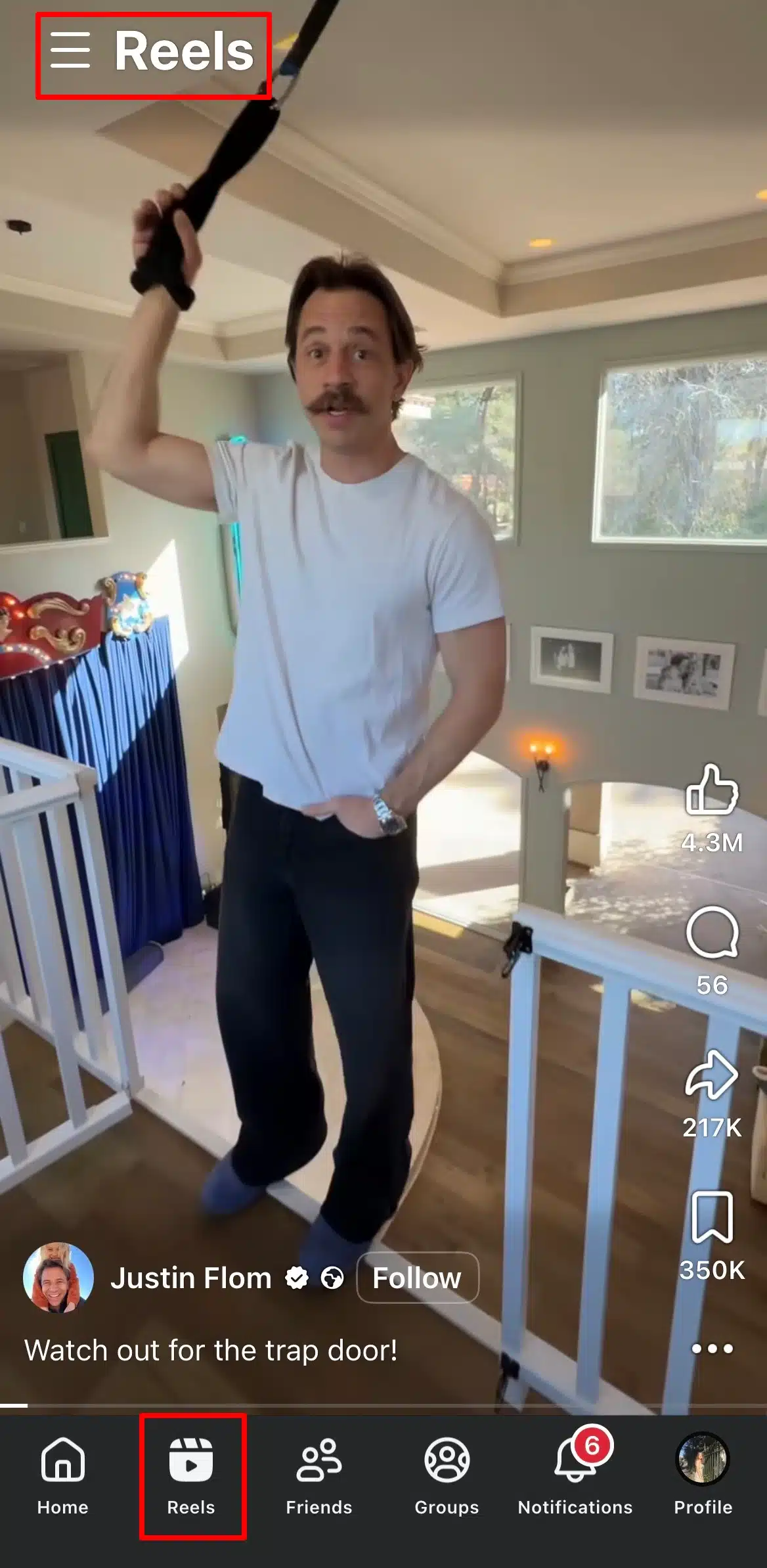 Vertical Facebook Reels video interface showing a creator’s short-form video with engagement metrics (likes, comments, shares, saves) and navigation tabs, highlighting how users consume and interact with short-form video content.