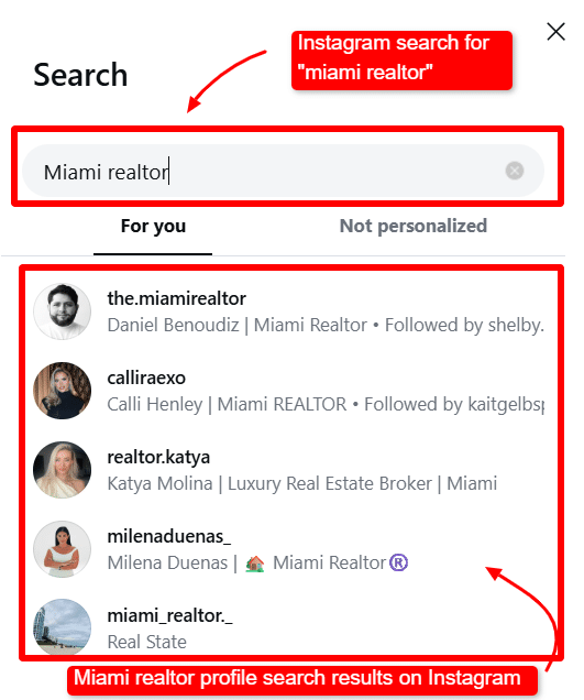Instagram search results page for “Miami realtor” showing optimized profiles ranking for the keyword.