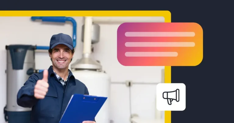 Smiling plumber in a uniform holding a clipboard and giving a thumbs up in a utility room, with overlaid social media-style graphics suggesting marketing or online promotion.