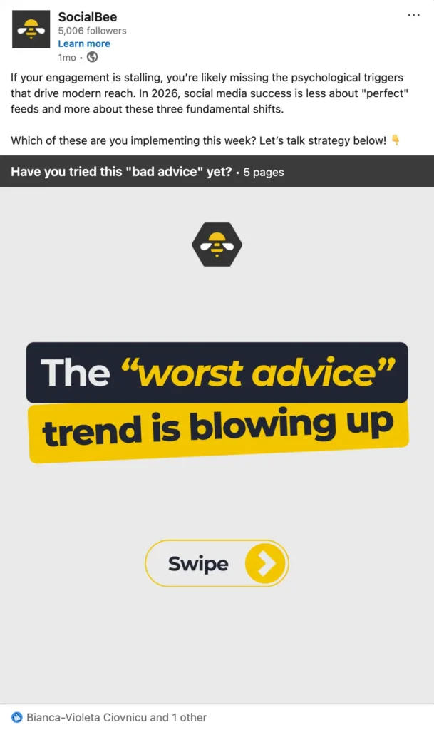 LinkedIn post by SocialBee discussing social media engagement strategies, featuring a carousel slide with the text “The ‘worst advice’ trend is blowing up” and a swipe prompt.