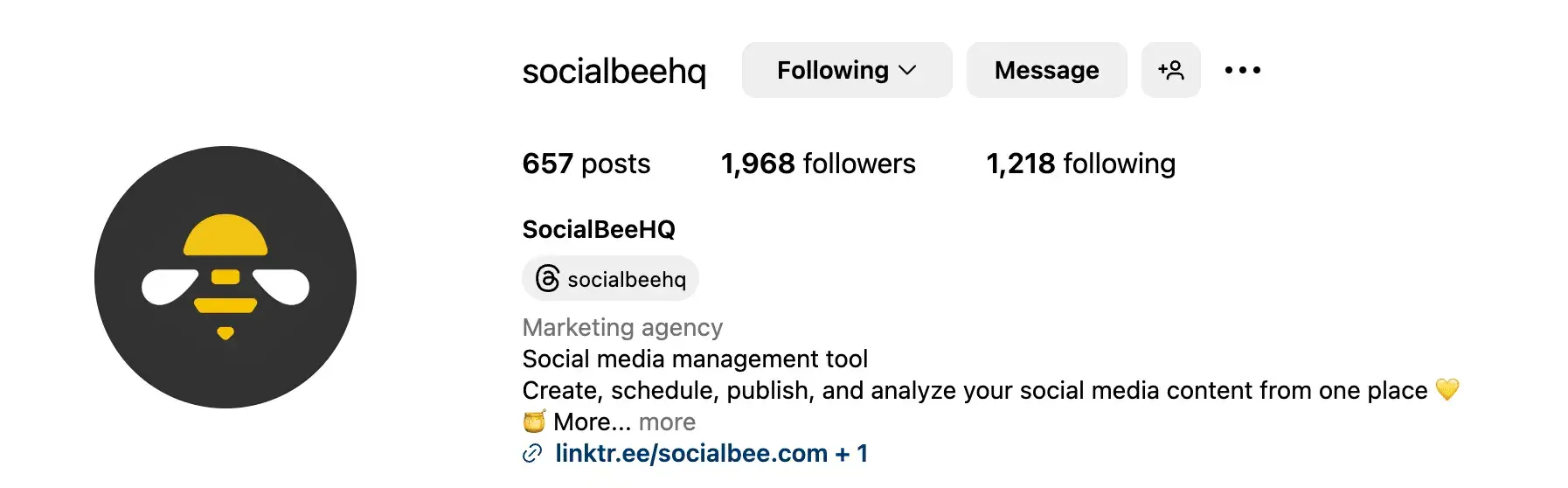 Instagram profile of SocialBeeHQ showing it as a social media management tool, including bio about scheduling and analyzing content, follower count, and link in bio.