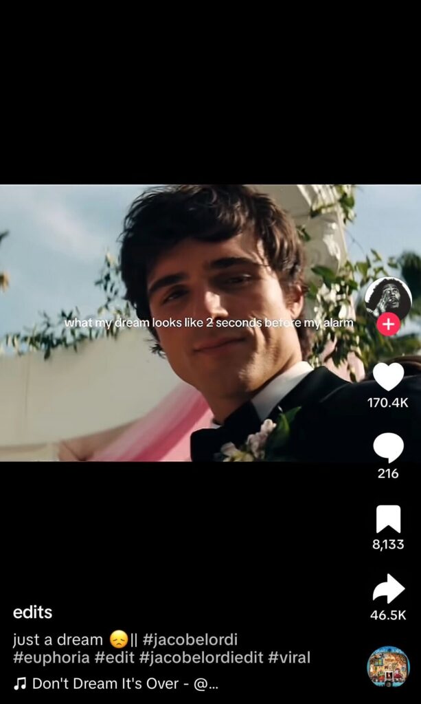 A TikTok video showing a young man in a tux at a romantic outdoor wedding scene, with on-screen text about a dream ending right before waking up.