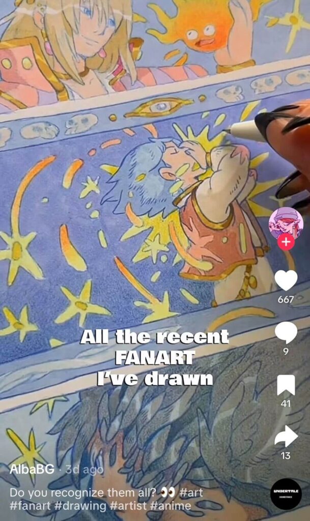 Close-up of a hand coloring an anime-style fanart illustration featuring a blue-haired character surrounded by glowing stars, with another blond character above; TikTok overlay text reads “All the recent FANART I’ve drawn.”