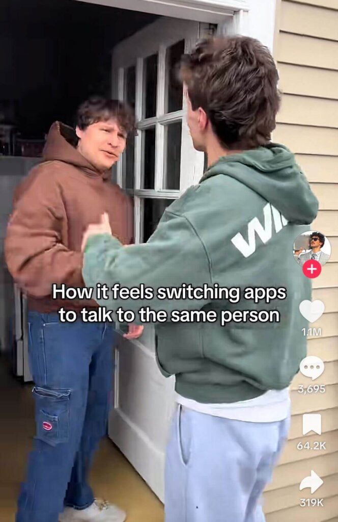 Two young men greeting each other at a front door, one stepping outside while the other stands inside; caption reads “How it feels switching apps to talk to the same person.”