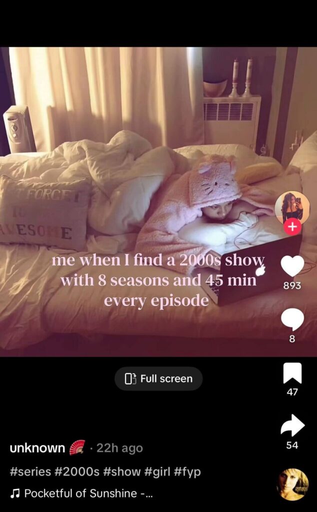 Person lying in bed wearing a pink hoodie with animal ears, watching a laptop under warm lighting; on-screen text says “me when I find a 2000s show with 8 seasons and 45 min every episode.”