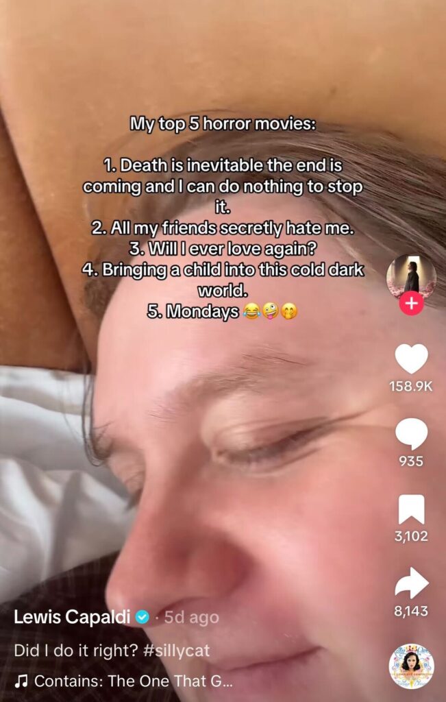 Close-up of a person lying in bed with overlaid text listing humorous “top 5 horror movies,” including existential fears and Mondays.