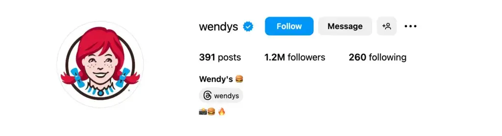 Instagram profile of Wendy’s brand account with verified badge, showing follower count, profile image of the Wendy’s logo, and brand emojis in the bio.