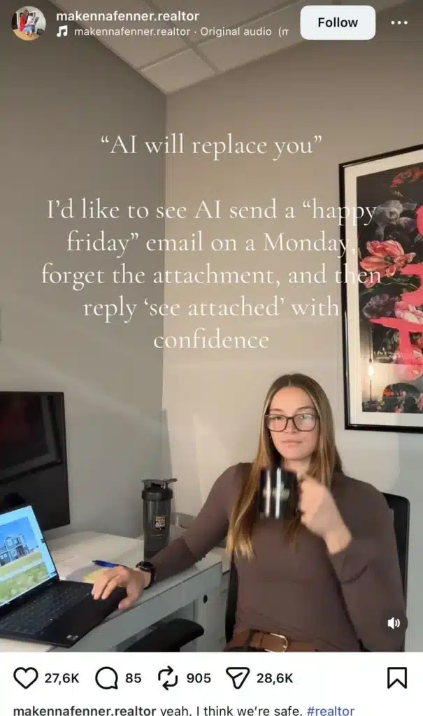 A woman drinks coffee at her desk while text jokes that AI could never confidently send an email saying “see attached” without attaching the file.