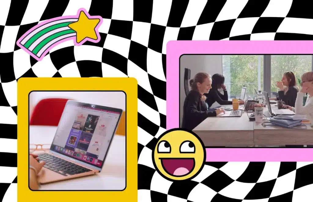Retro-style collage graphic with wavy black-and-white checkered background, workspace photos, rainbow shooting star doodle, and smiley face icon.