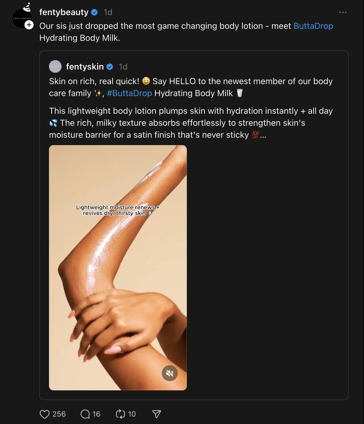 Threads post by Fenty Beauty sharing a Fenty Skin product announcement for ButtaDrop Hydrating Body Milk. The post includes text describing the lotion’s hydrating benefits and a close-up image of a person’s arm being applied with glossy body lotion, highlighting smooth, moisturized skin.