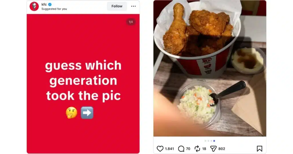 A messy flash photo of a KFC meal with a finger partially covering the camera, used as part of a “guess which generation took the pic” trend.