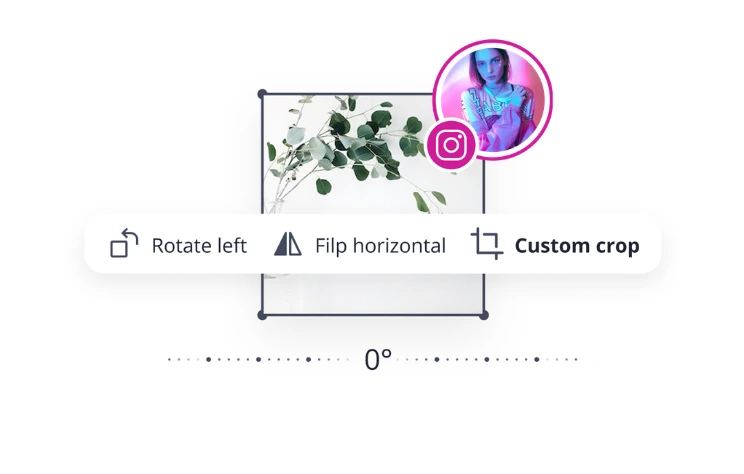 SocialBee image editing interface showing Instagram image resizing tools, including rotate, flip, and custom crop options applied to a plant photo.