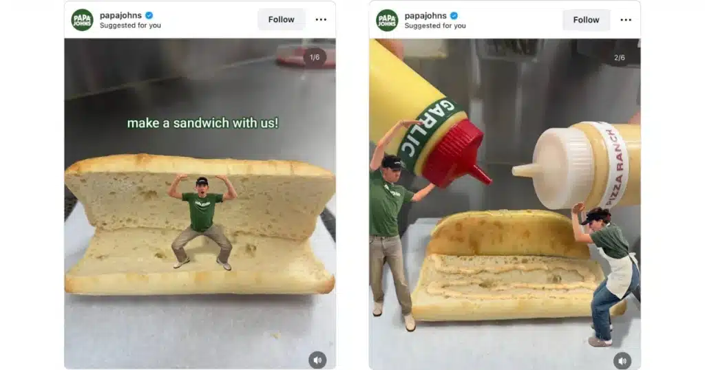 Tiny people appear to build a giant sandwich by pouring sauces onto bread in a playful food-themed Instagram carousel post.