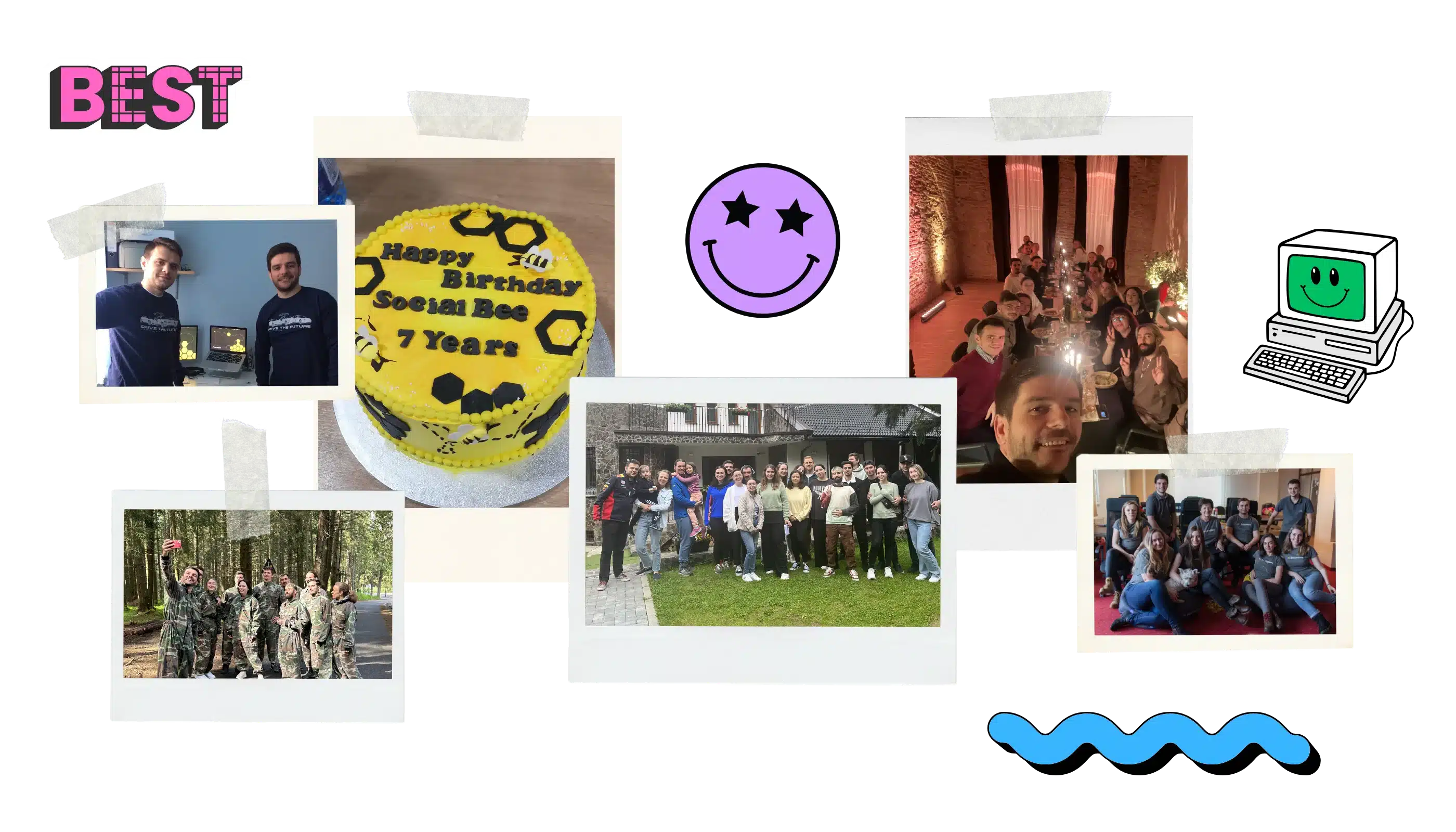 SocialBee team photo collage with polaroid-style snapshots, birthday cake, office gatherings, and retro sticker graphics on a black background.