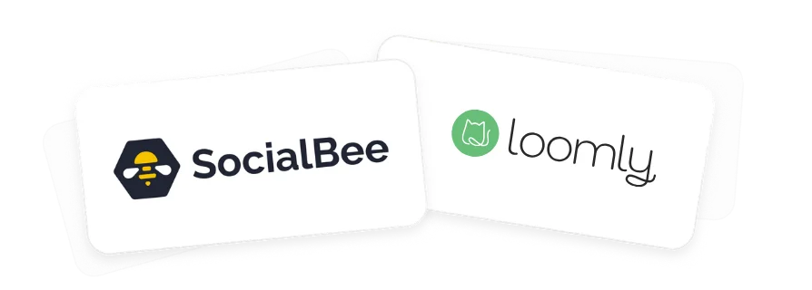 Overlapping card-style graphic displaying the SocialBee and Loomly logos side by side on white rounded rectangles.