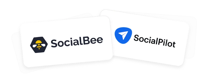 Overlapping card-style graphic displaying the SocialBee and SocialPilot logos side by side on white rounded rectangles.