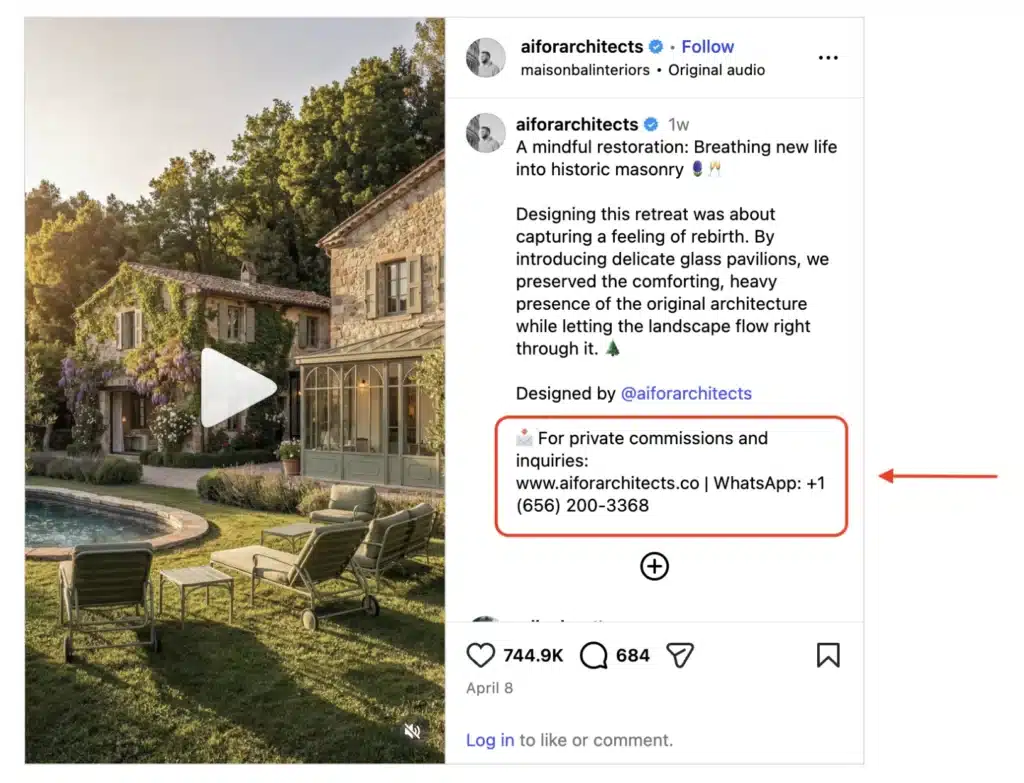 Instagram reel showing a restored Tuscan stone villa with poolside lounge chairs and a caption about blending historic masonry with modern glass architecture.