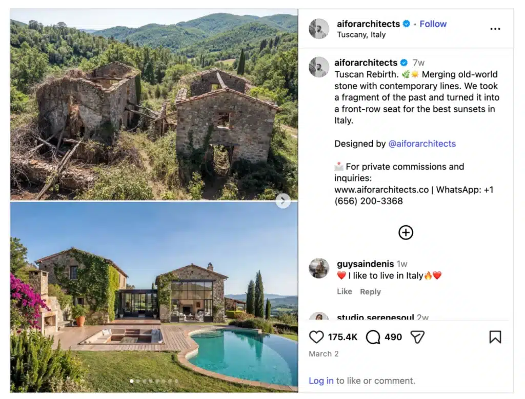 Before-and-after architecture transformation post showing abandoned stone ruins in Tuscany converted into a luxury countryside villa with a pool and panoramic mountain views.
