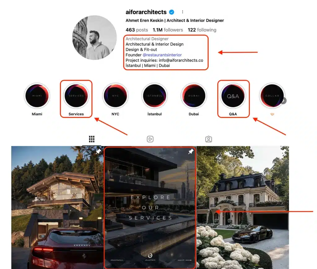 Instagram architecture profile featuring luxury residential projects, service highlights, Q&A story highlights, and modern mansion visuals.