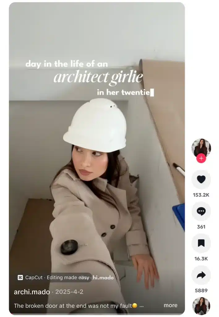 TikTok screenshot of a young female architect in a hard hat filming a “day in the life of an architect girlie in her twenties” video on a construction site.