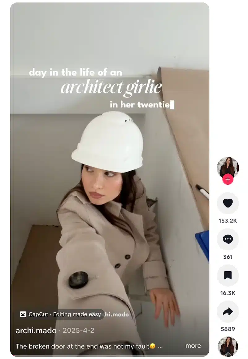 TikTok screenshot of a young female architect in a hard hat filming a “day in the life of an architect girlie in her twenties” video on a construction site.