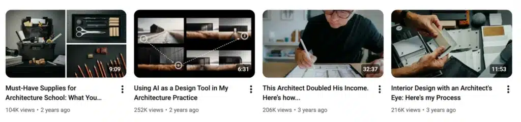 YouTube architecture content thumbnails featuring videos about architecture school supplies, AI in architecture, architect income growth, and interior design workflows.