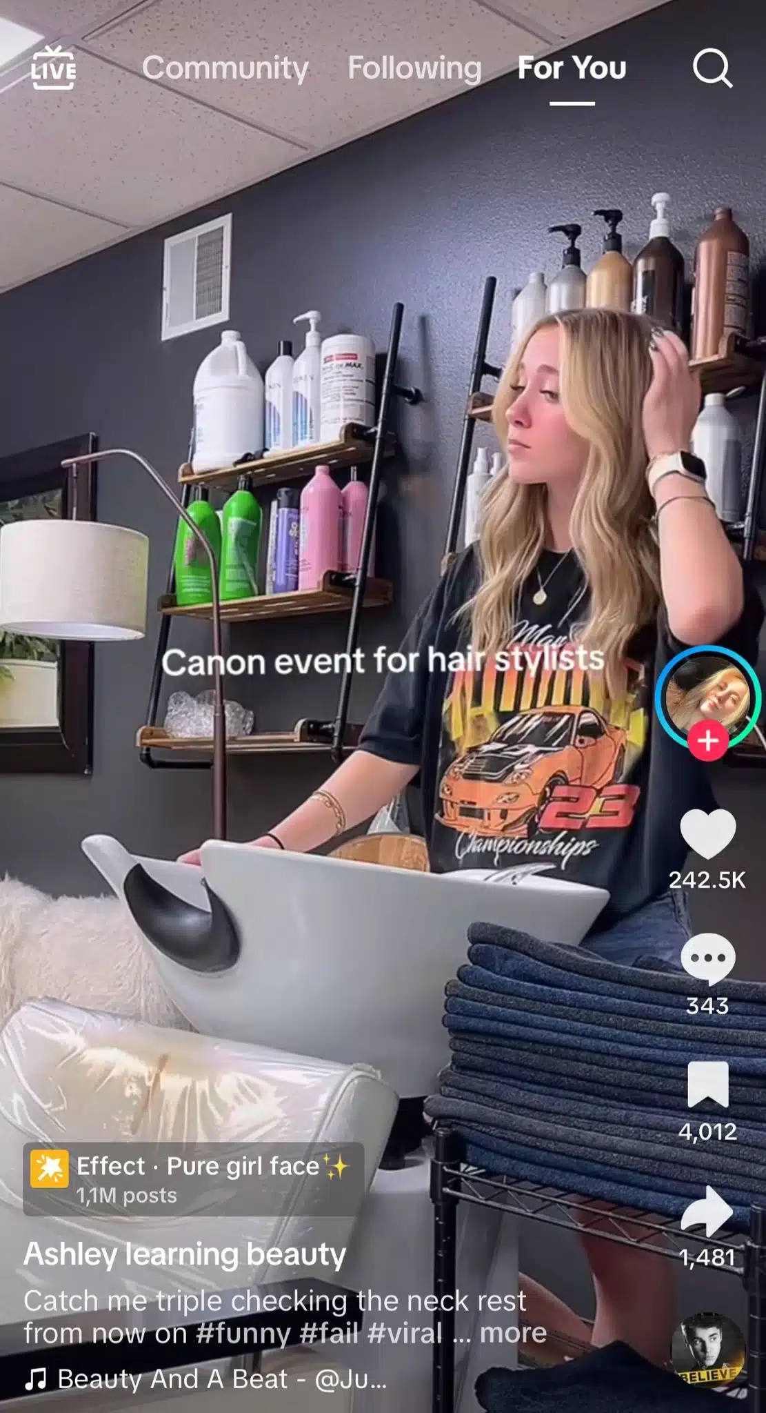 TikTok video showing a hairstylist standing beside a salon sink during a Canon event for hair stylists, with shelves of hair products in the background and text overlay describing the event.