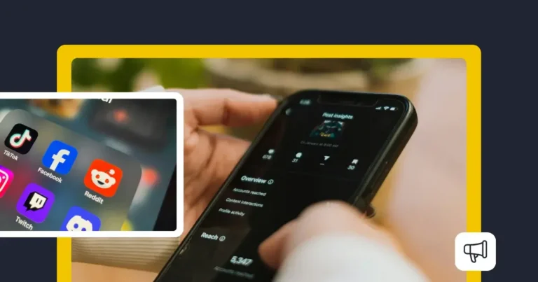 Close-up of a person holding a smartphone displaying social media analytics and post insights, alongside an inset image of app icons including TikTok, Facebook, Reddit, Twitch, and Discord. The visual represents tracking performance and distributing content across multiple social platforms.