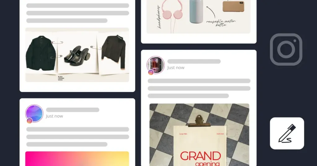 Illustration of a social media content layout showing multiple posts arranged in a grid. The posts include product images, lifestyle items like headphones and a water bottle, and a “grand opening” announcement, with placeholder text and profile icons, representing content planning and organization across platforms like Instagram.
