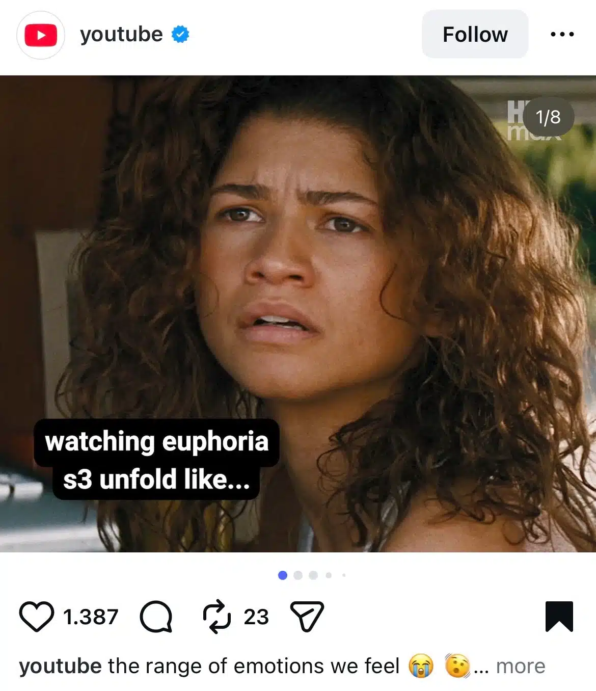 Instagram meme post from YouTube featuring a close-up of Zendaya with the text “watching euphoria s3 unfold like...,” referencing reactions to the upcoming season of Euphoria.